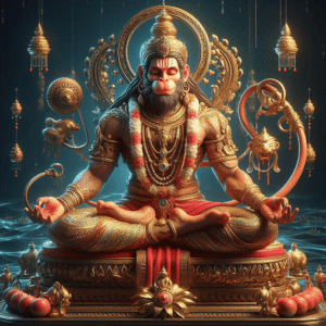 Hanuman radiating golden energy with cosmic symbols in the background