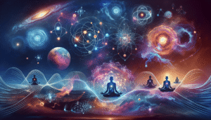 Ancient Hindu sage and modern science symbol with universe background