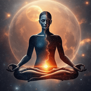 Realistic digital artwork showing a half-man, half-woman meditating figure (Ardhanarishwar) with a glowing universe and cosmic light in the background, symbolizing the unity of consciousness and holographic reality.
