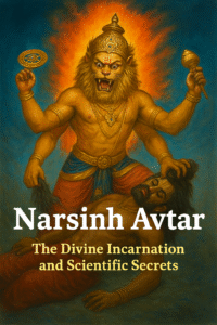 Illustration of Lord Narsimha, the lion-man incarnation of Vishnu, appearing with a fierce expression while subduing the demon king Hiranyakashipu. The artwork shows divine radiance around Narsimha, symbolizing divine power and justice.