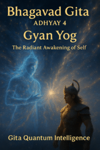 Krishna illuminating Arjuna with divine cosmic knowledge, symbolizing Gyan Yog and the awakening of consciousness in a quantum universe.