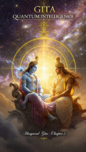 Lord Krishna explaining Gita teachings to Arjuna on the chariot with cosmic universe background, representing Gita Quantum Intelligence