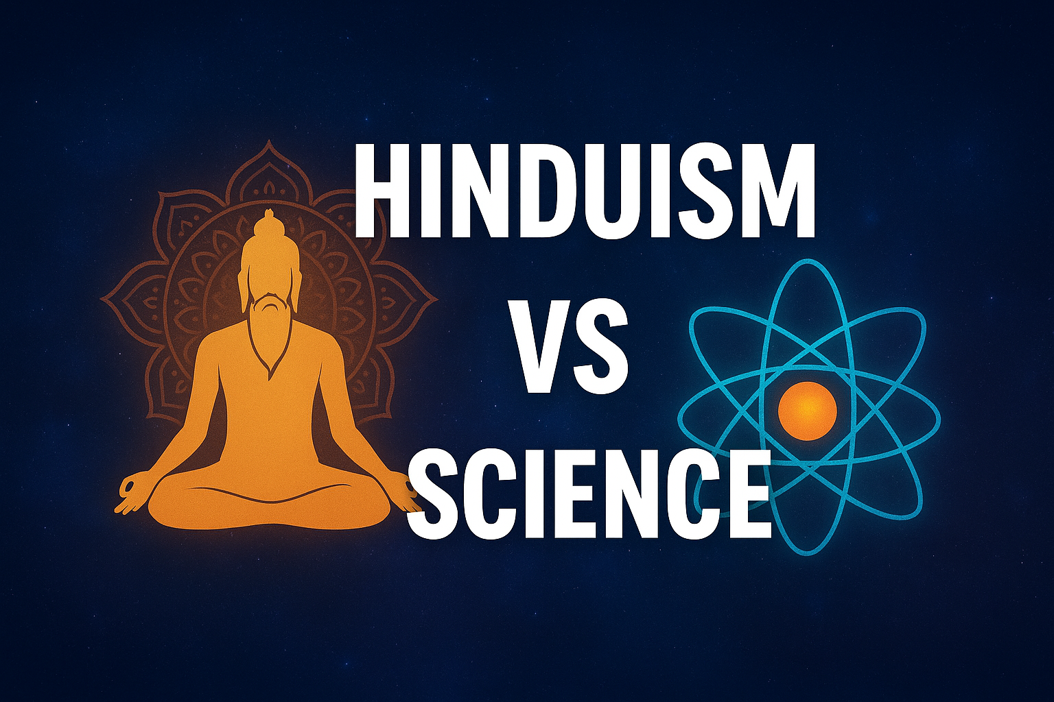 Hinduism Vs Science – Sage meditating and atomic energy symbol