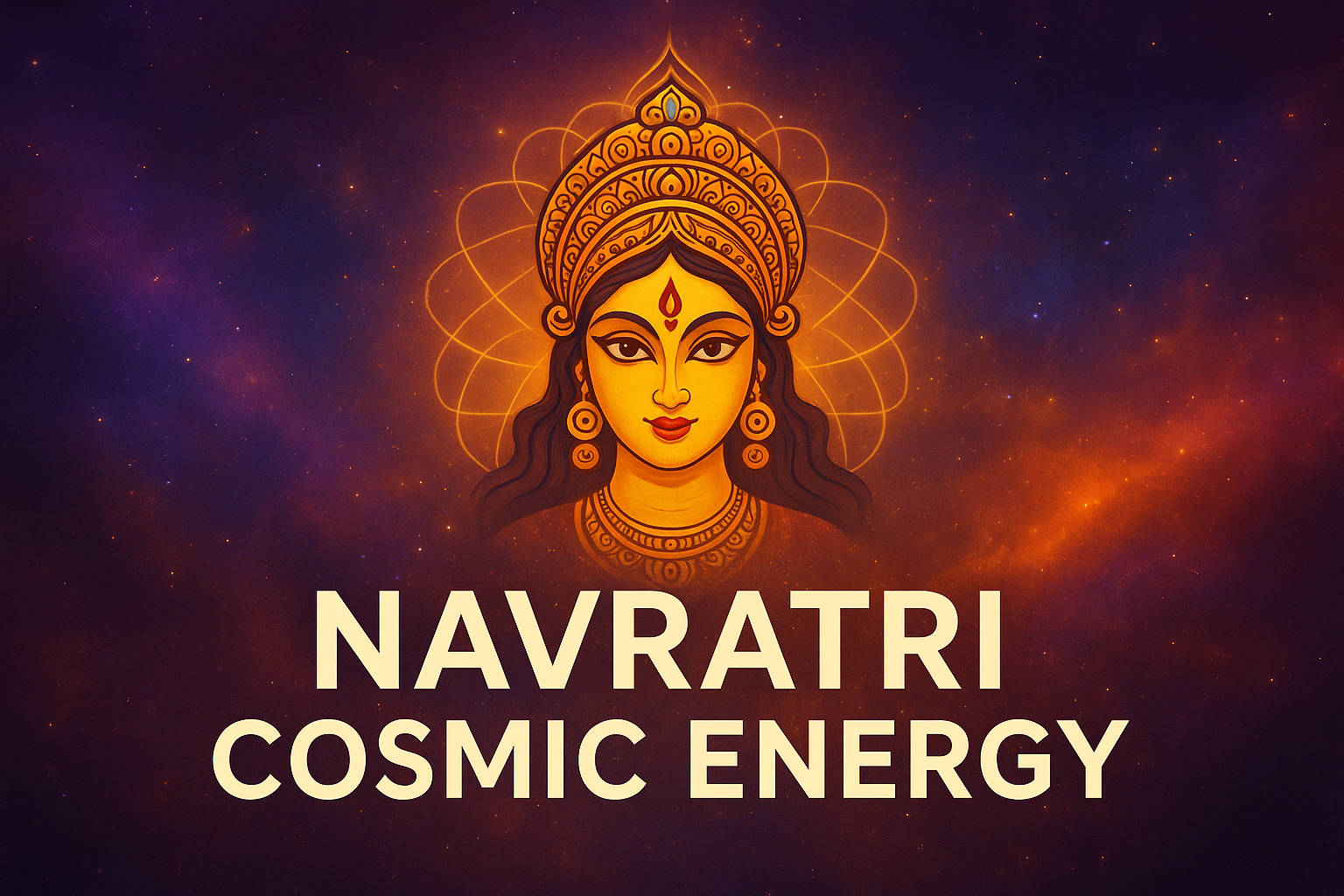 Navratri Cosmic Energy દર્શાવતી દેવીની દિવ્ય છબી, પાછળ બ્રહ્માંડનું દૃશ્ય અને સાત energy centers નું પ્રતિક.