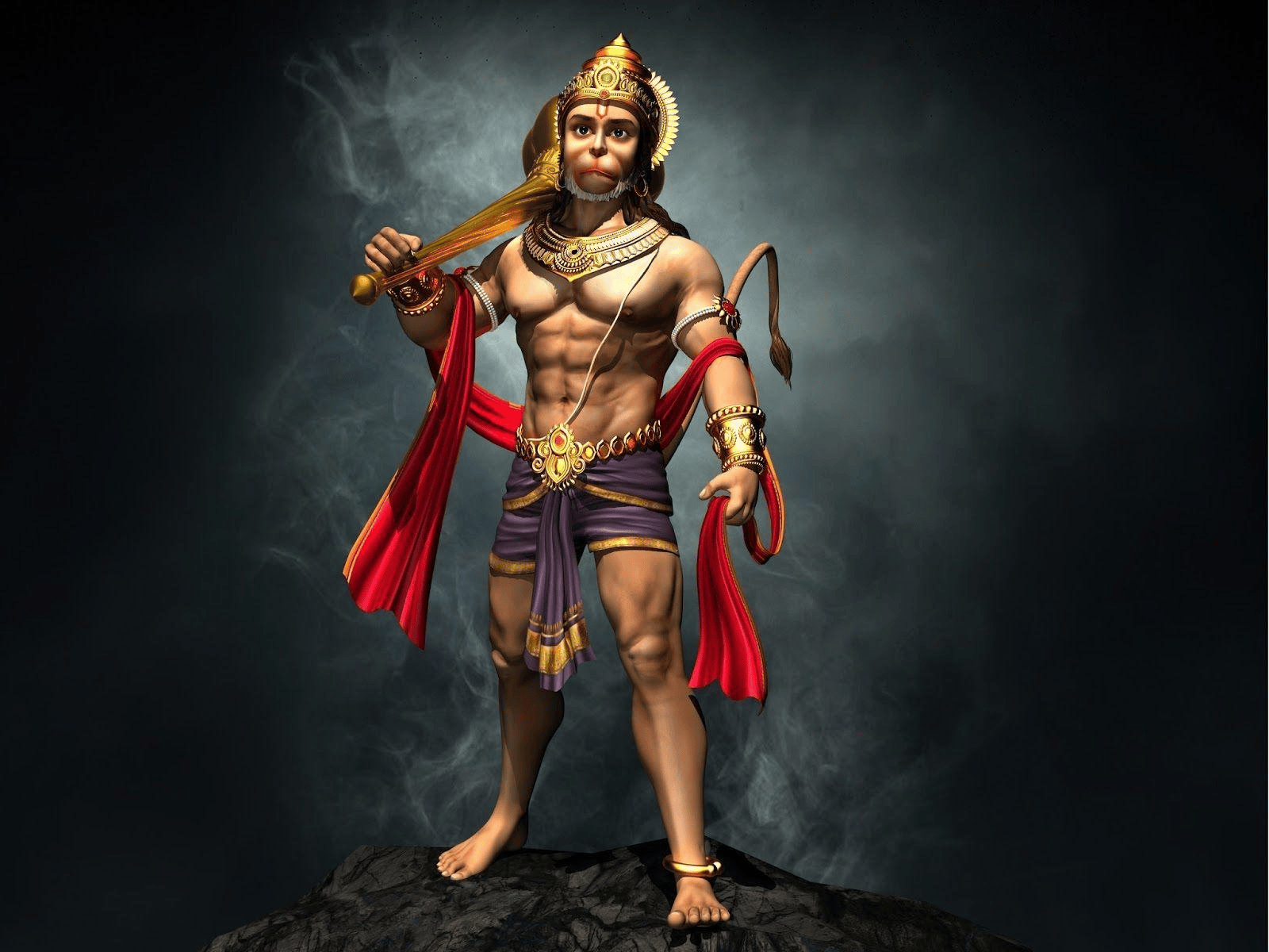 Futuristic Lord Hanuman glowing with golden energy