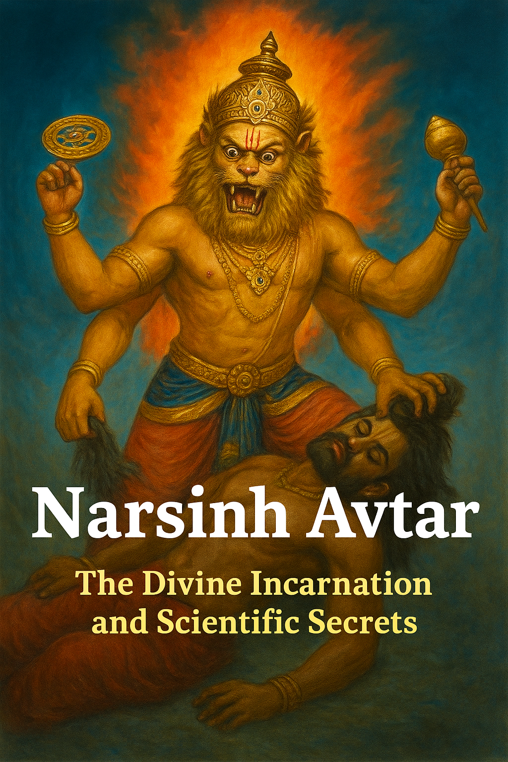 Illustration of Lord Narsimha, the lion-man incarnation of Vishnu, appearing with a fierce expression while subduing the demon king Hiranyakashipu. The artwork shows divine radiance around Narsimha, symbolizing divine power and justice.