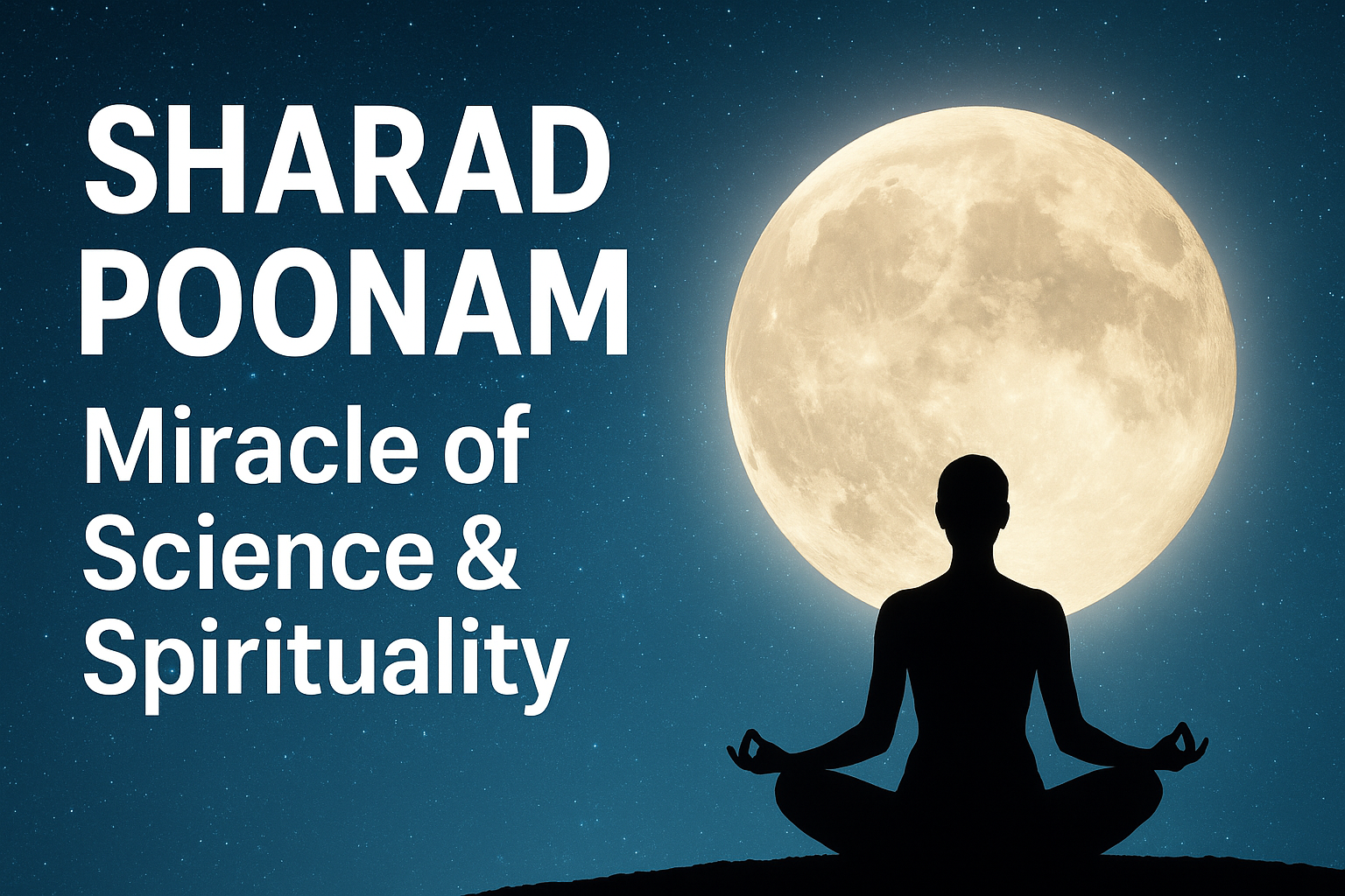 “Sharad Poonam full moon with meditating figure under moonlight symbolizing the scientific and spiritual harmony of Hindu festival.”