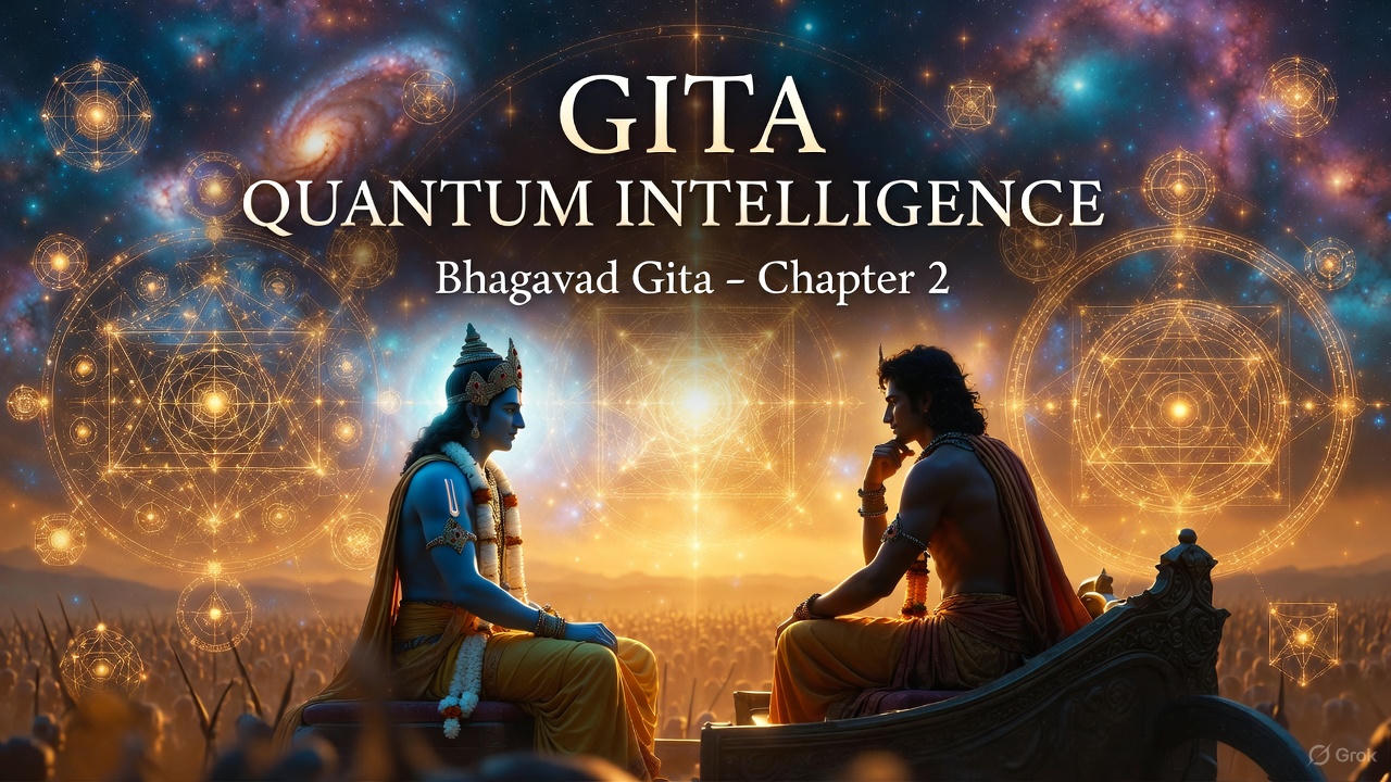 Lord Krishna explaining Gita teachings to Arjuna on the chariot with cosmic universe background, representing Gita Quantum Intelligence