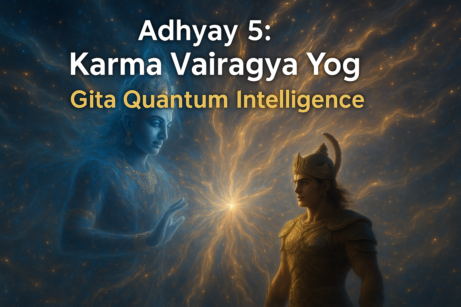 Lord Krishna guiding Arjuna through the cosmic light of Karma Vairagya Yog, symbolizing Quantum Detachment and Conscious Action — Gita Quantum Intelligence