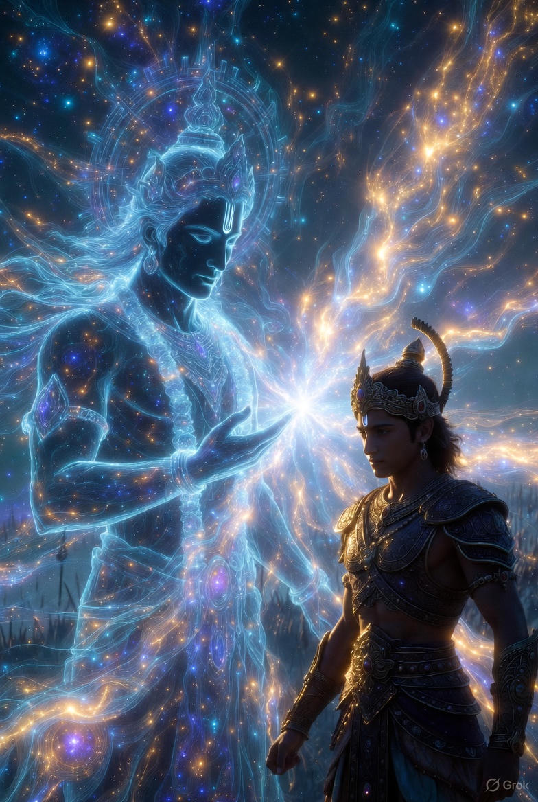 A cosmic, glowing divine form of Krishna guiding Arjuna on the battlefield, visualized with radiant blue and golden spiritual energy.